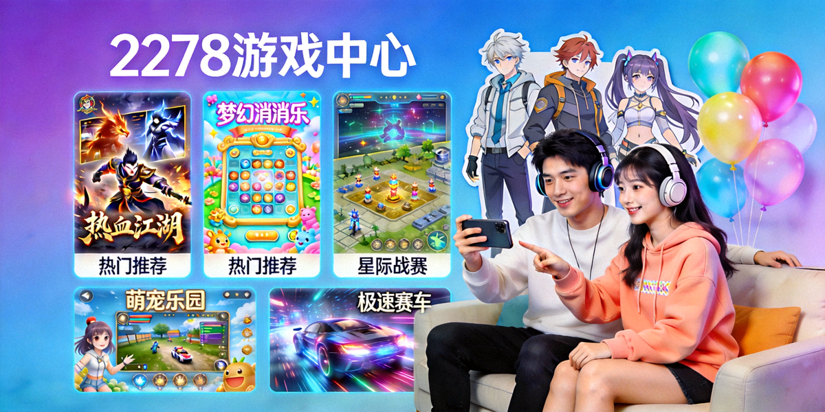 2278游戏中心官网首页大图，展示多款热门手游界面截图与玩家互动场景